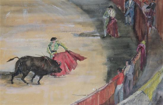 Alan James Middleton, watercolour of a bull fighting scene, 20.5 x 29cm
